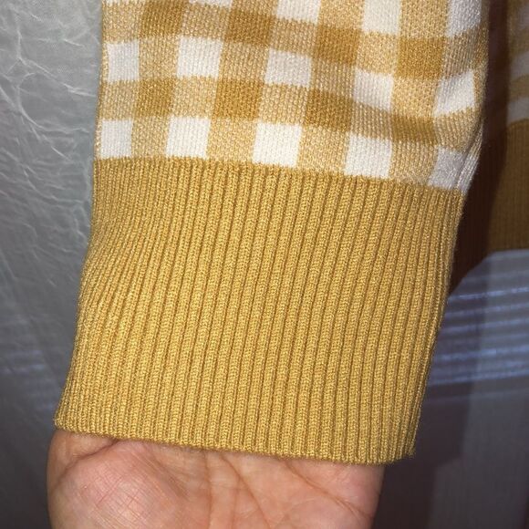 joie L XL Gold White Gingham Boyfriend Cardigan Gold Button Down Pockets - Picture 8 of 11